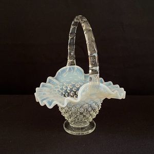 Small Basket - Fenton Hobnail - Opalescent - Clear Glass with White